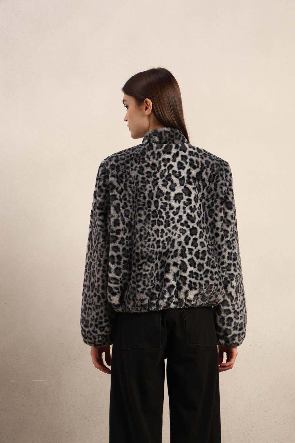 Leopard Print Fleece Jacket - Grey