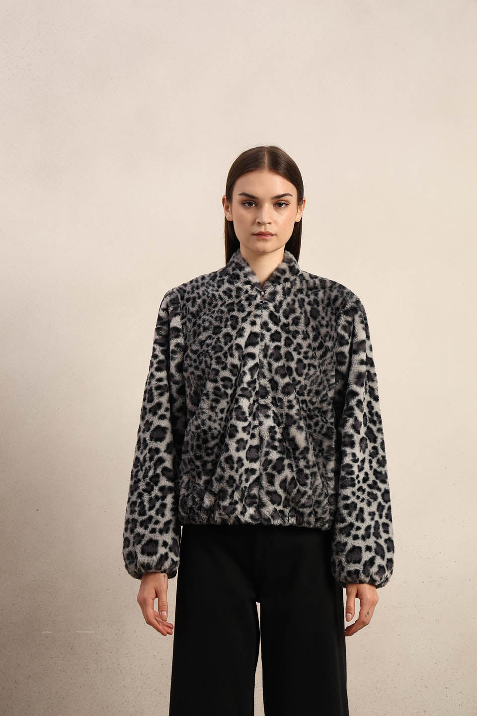 Leopard Print Fleece Jacket - Grey
