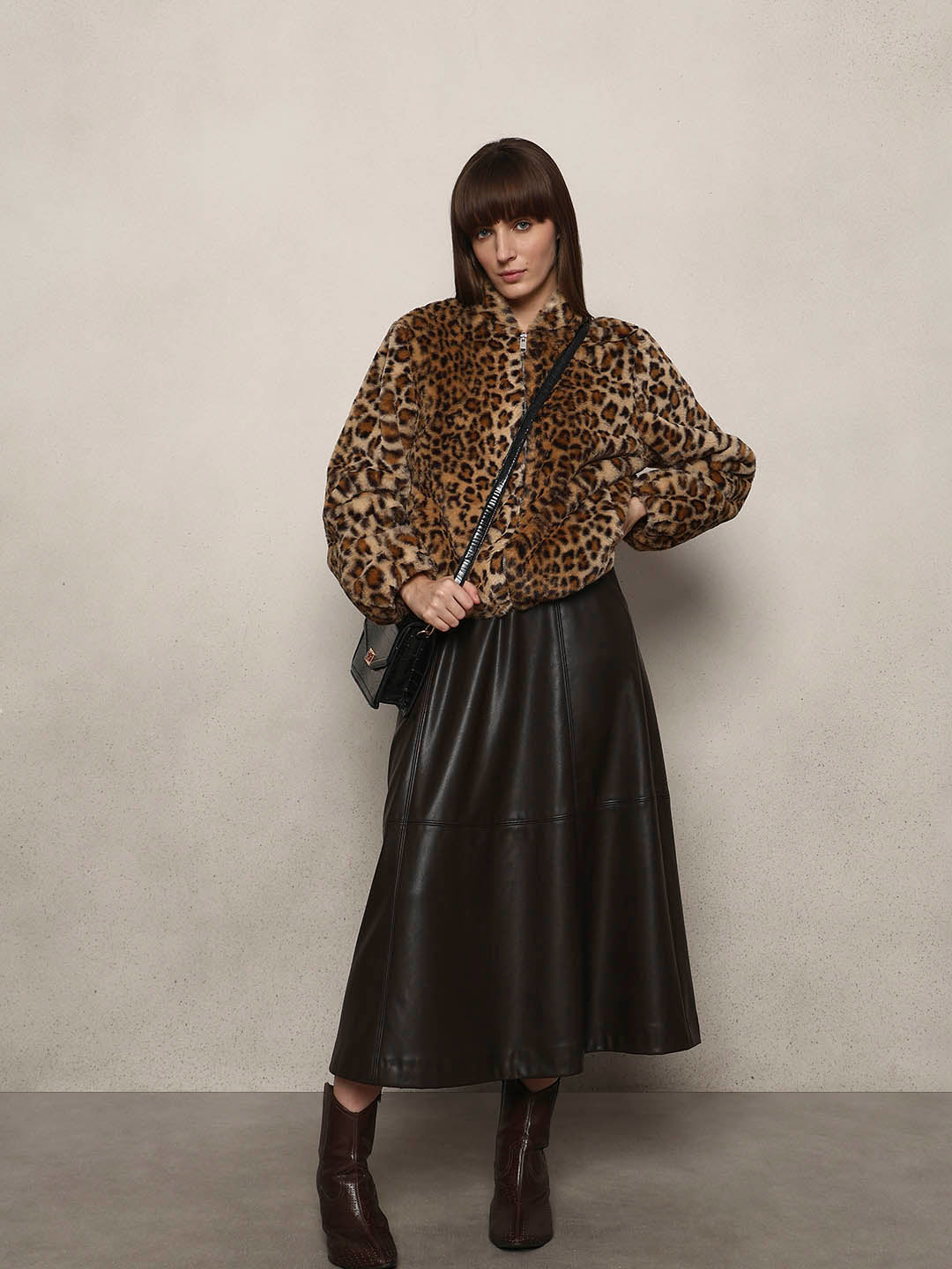 Leopard Print Fleece Jacket - Brown