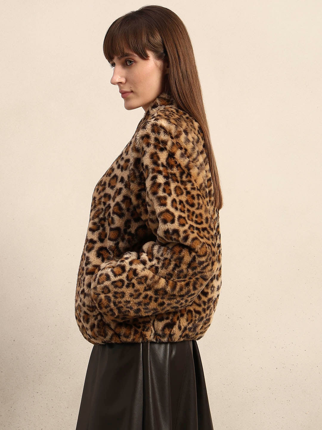 Leopard Print Fleece Jacket - Brown