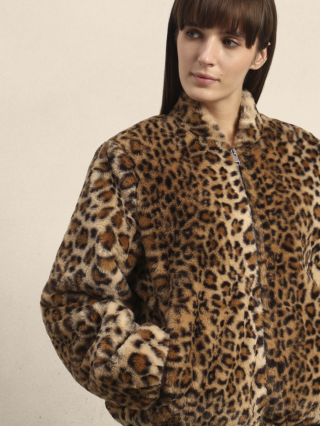 Leopard Print Fleece Jacket - Brown