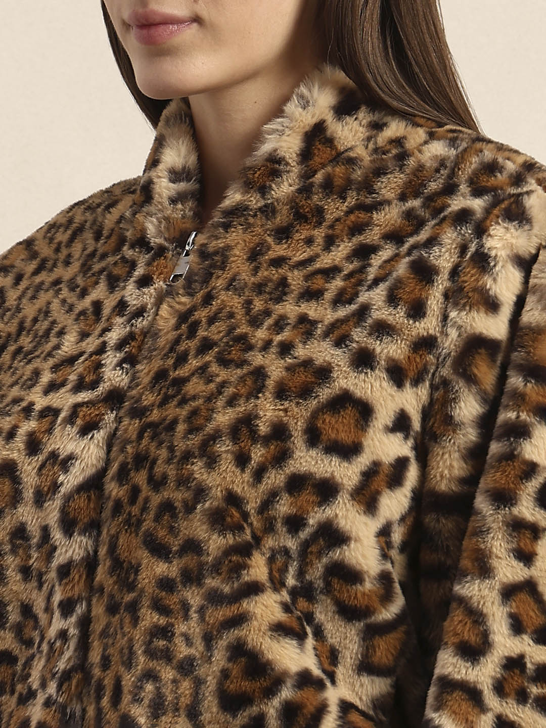 Leopard Print Fleece Jacket - Brown