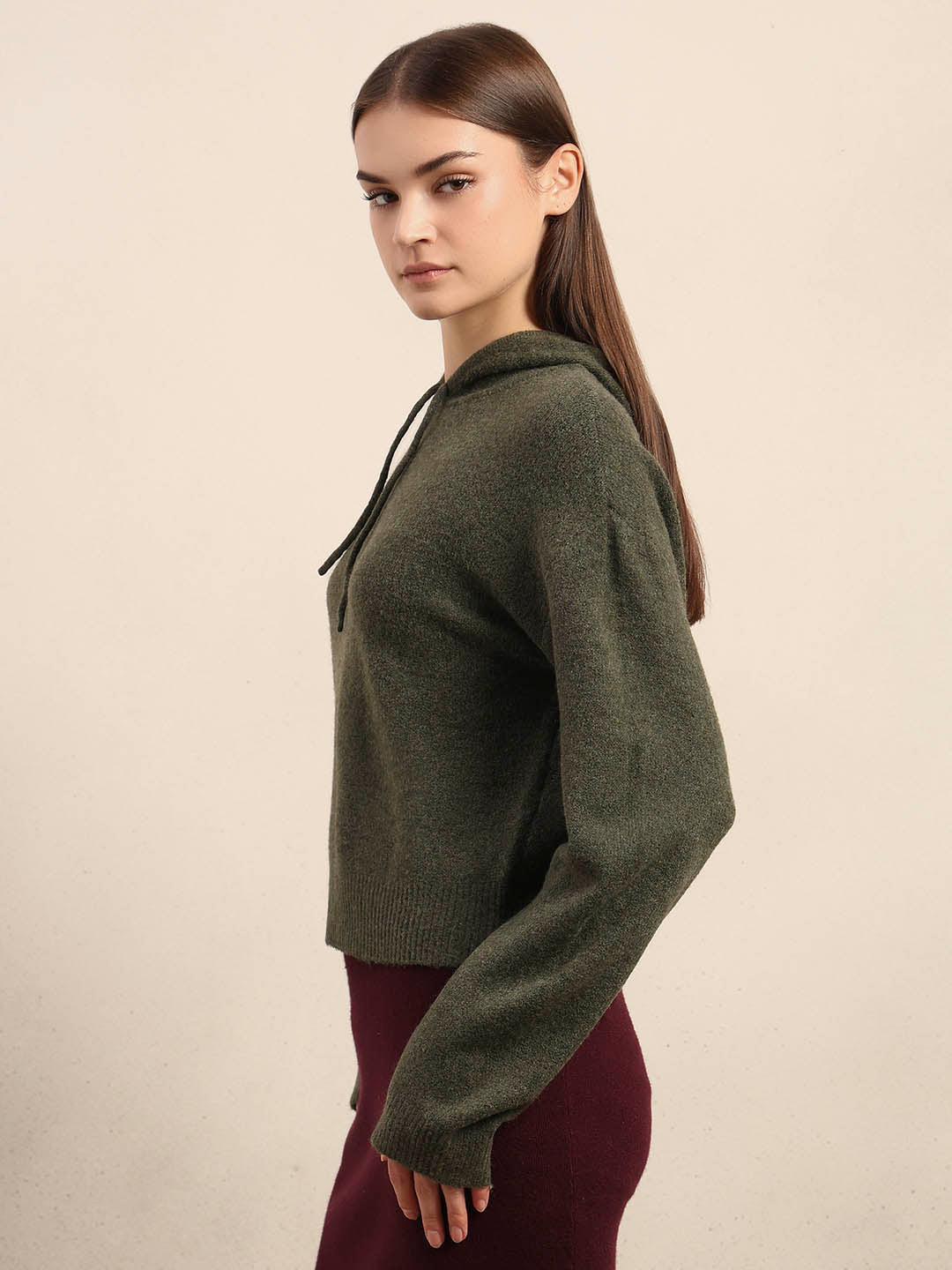 Olive Green Knitted Hooded Pullover