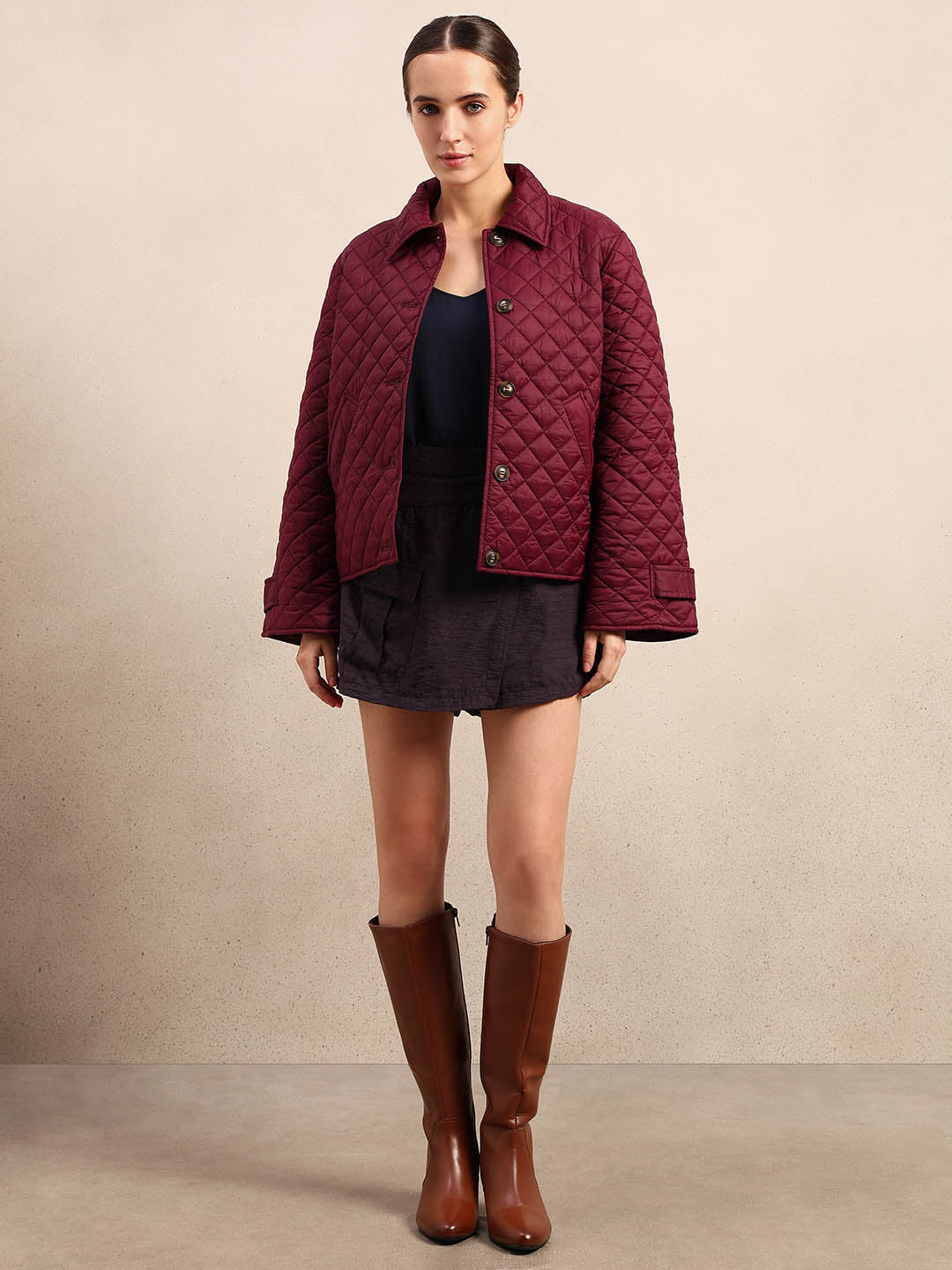 Quilted Short Jacket - Maroon