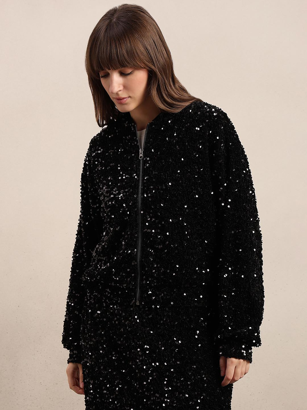 Black Sequined Zipped Jacket