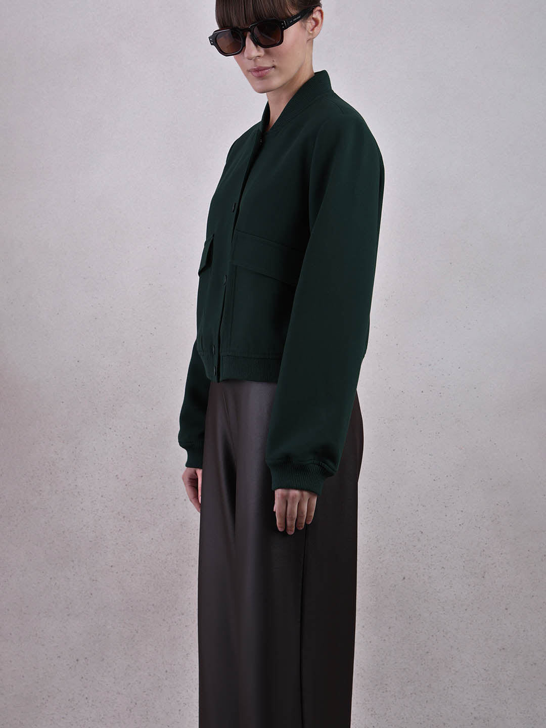 Dark Green Buttoned Bomber Jacket