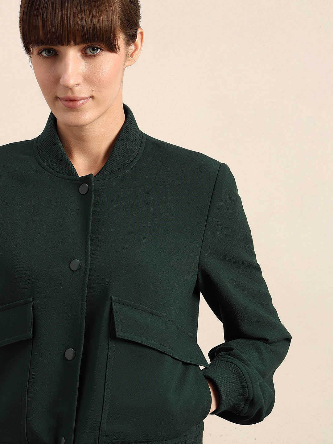 Dark Green Buttoned Bomber Jacket
