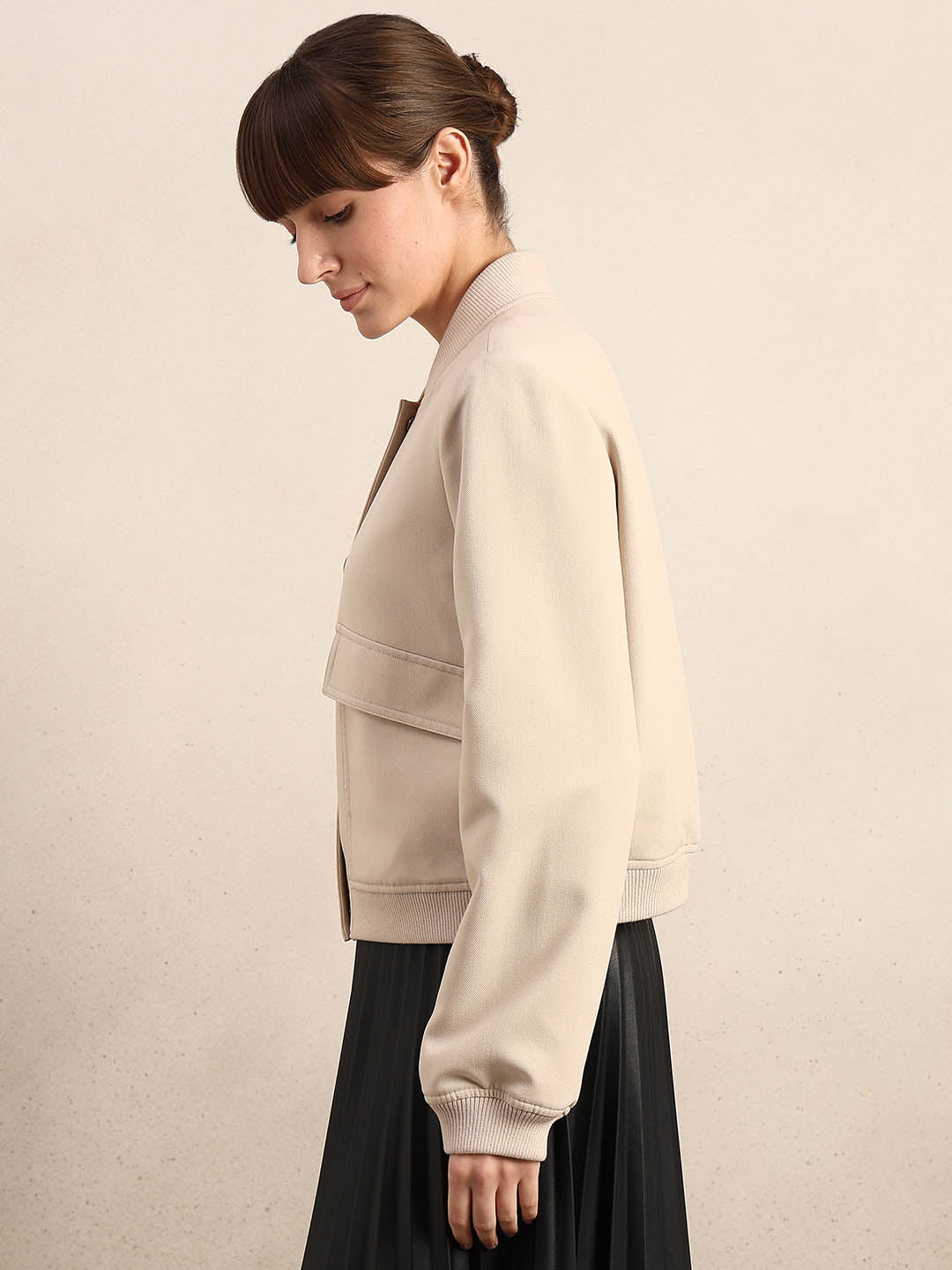 Beige Buttoned Bomber Jacket