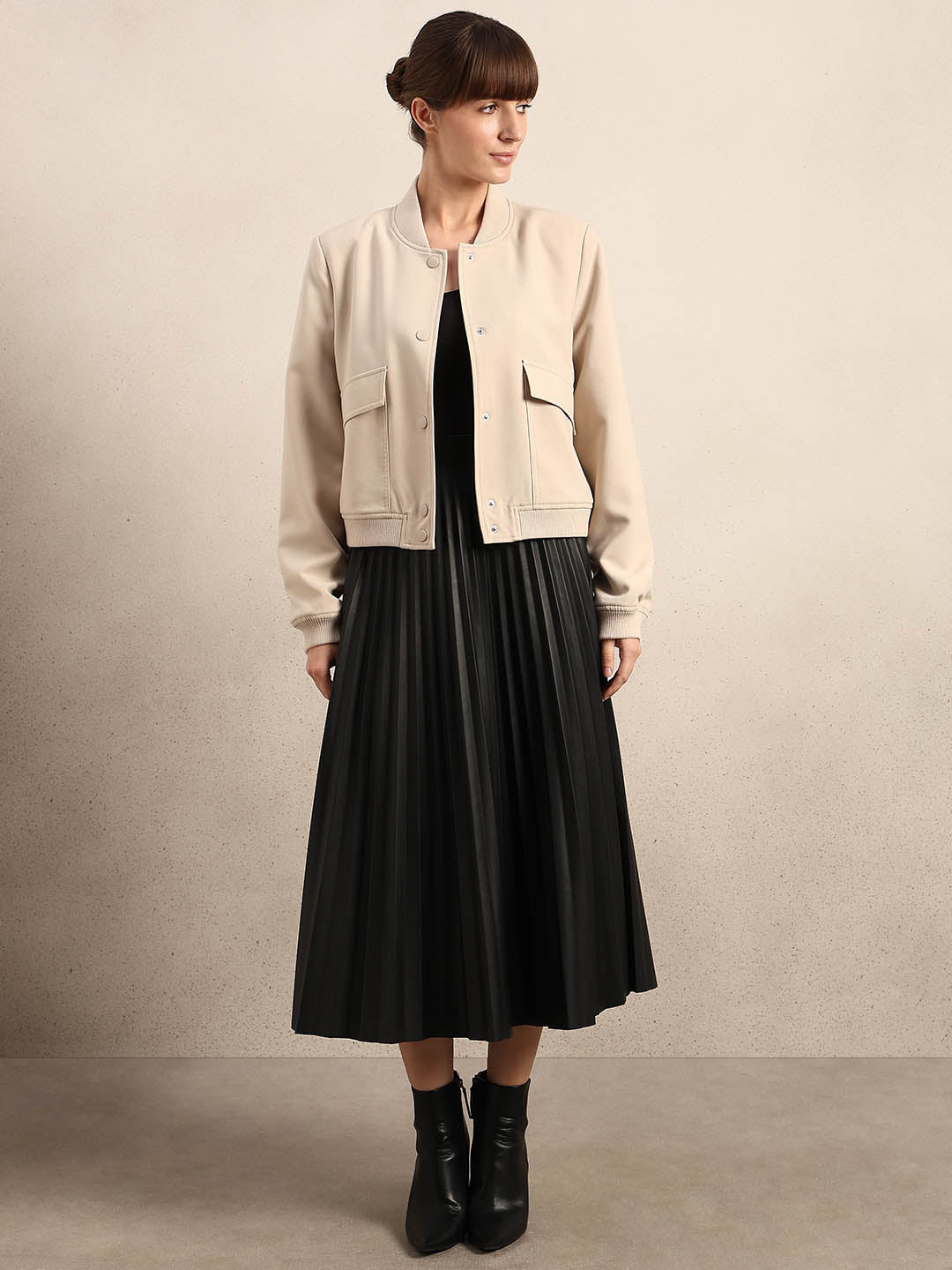 Beige Buttoned Bomber Jacket