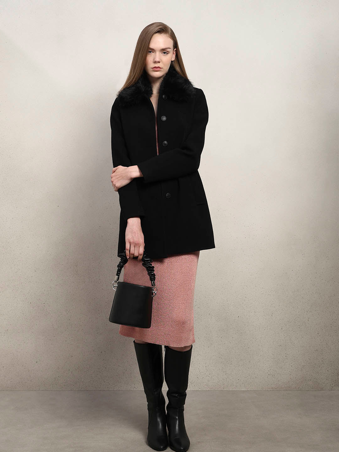 Black Faux Fur Collar Coat