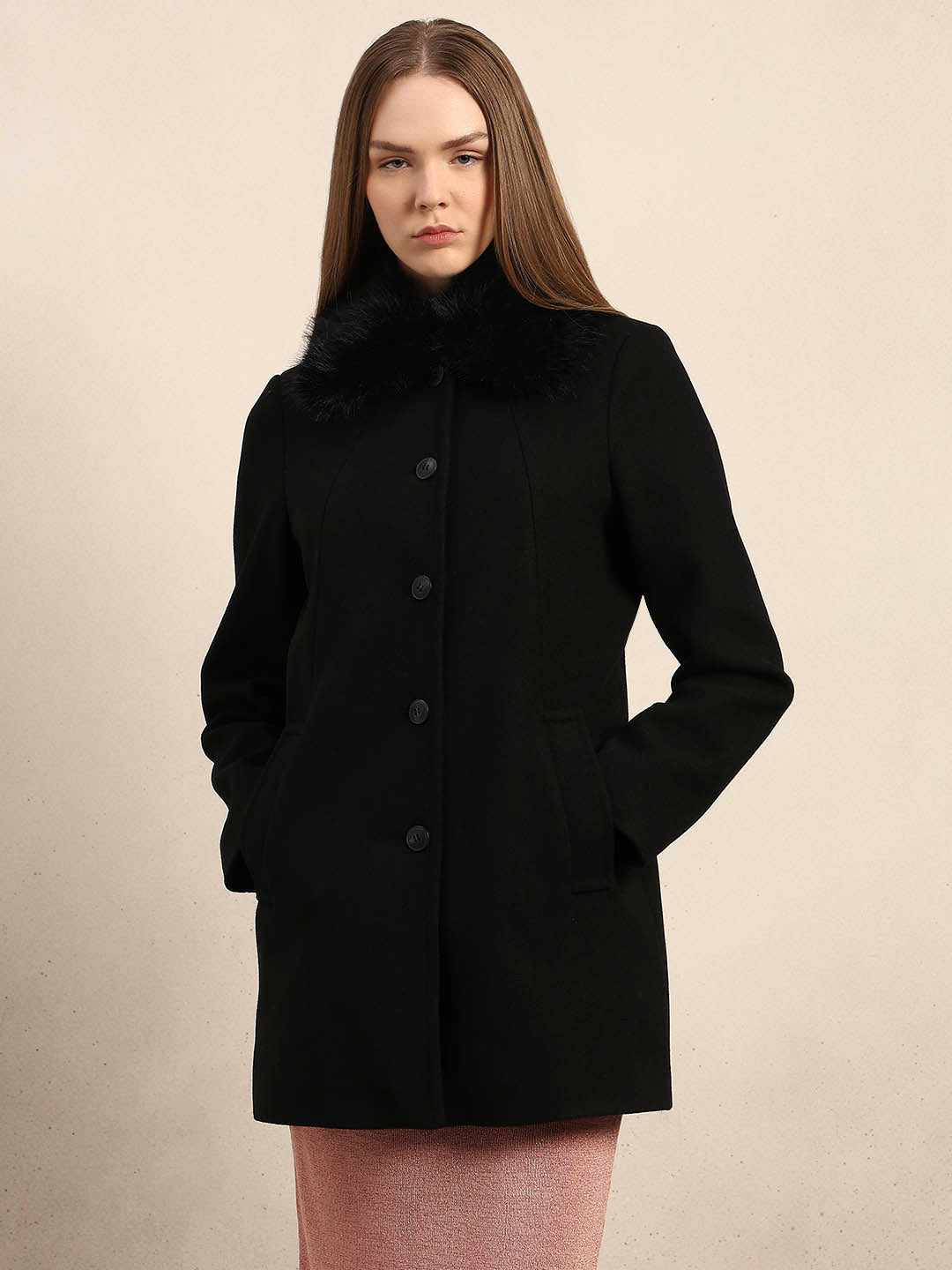Black Faux Fur Collar Coat