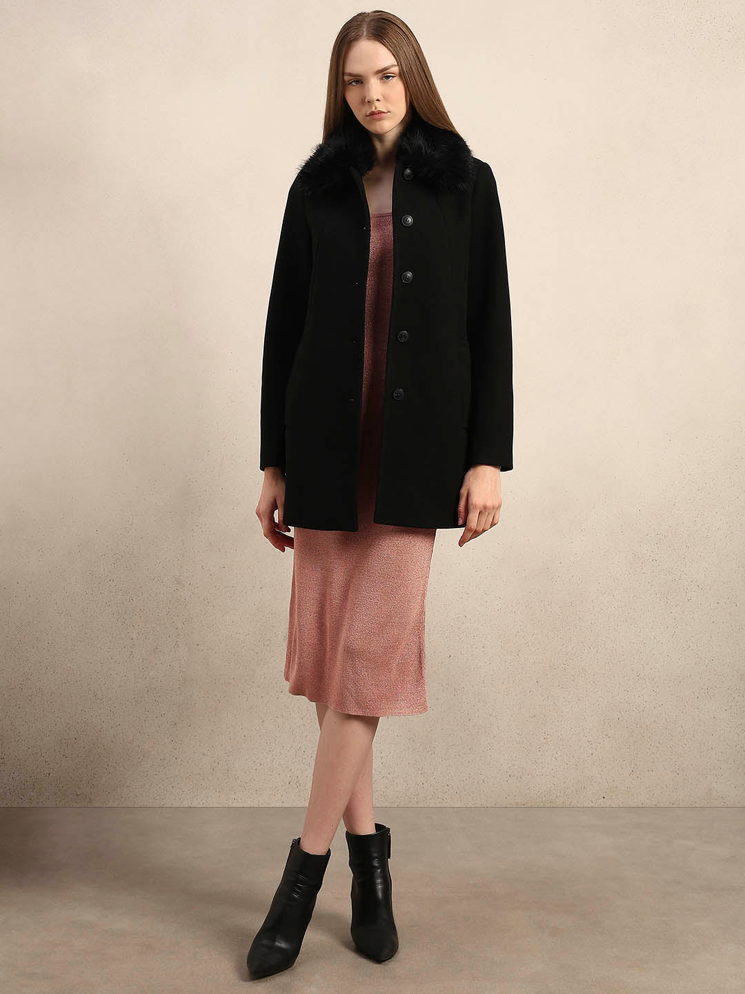 Black Faux Fur Collar Coat