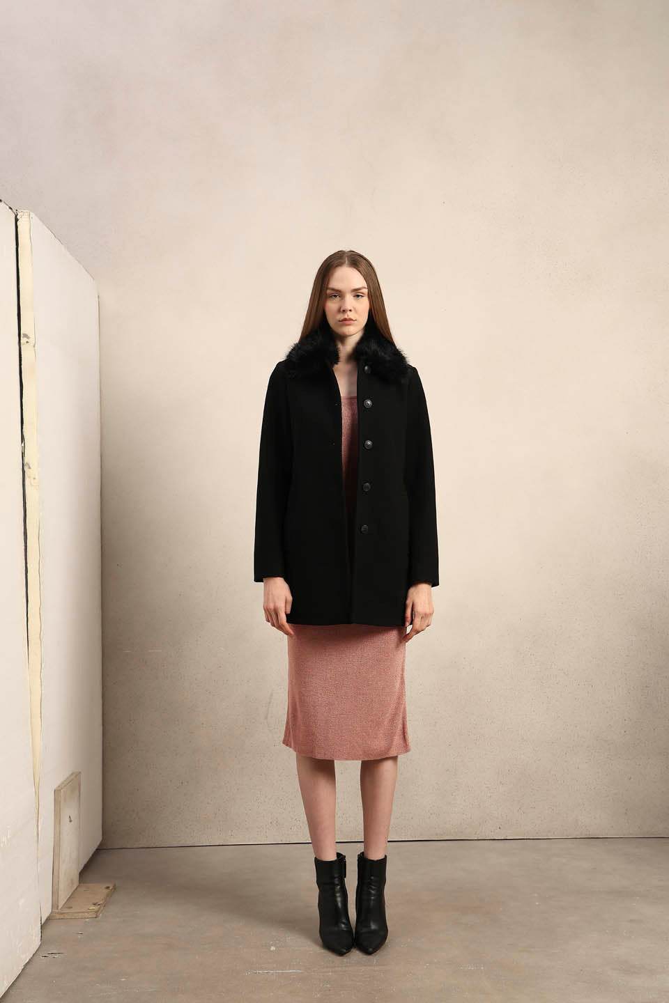 Black Faux Fur Collar Coat