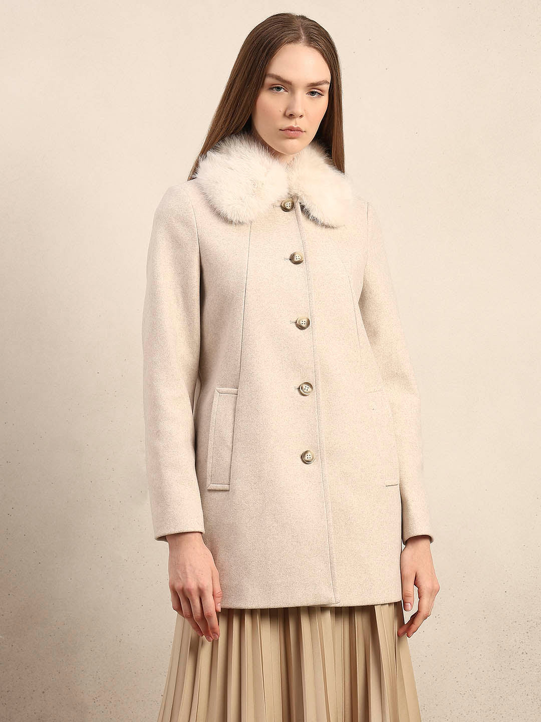 Beige Faux Fur Collar Coat