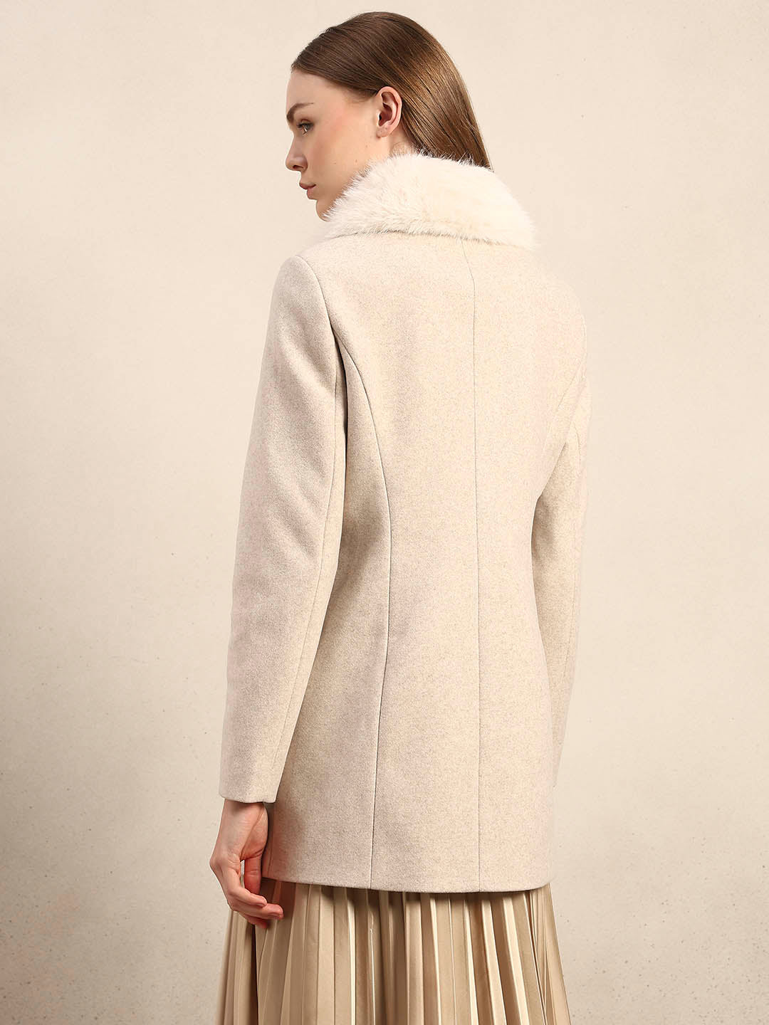 Beige Faux Fur Collar Coat