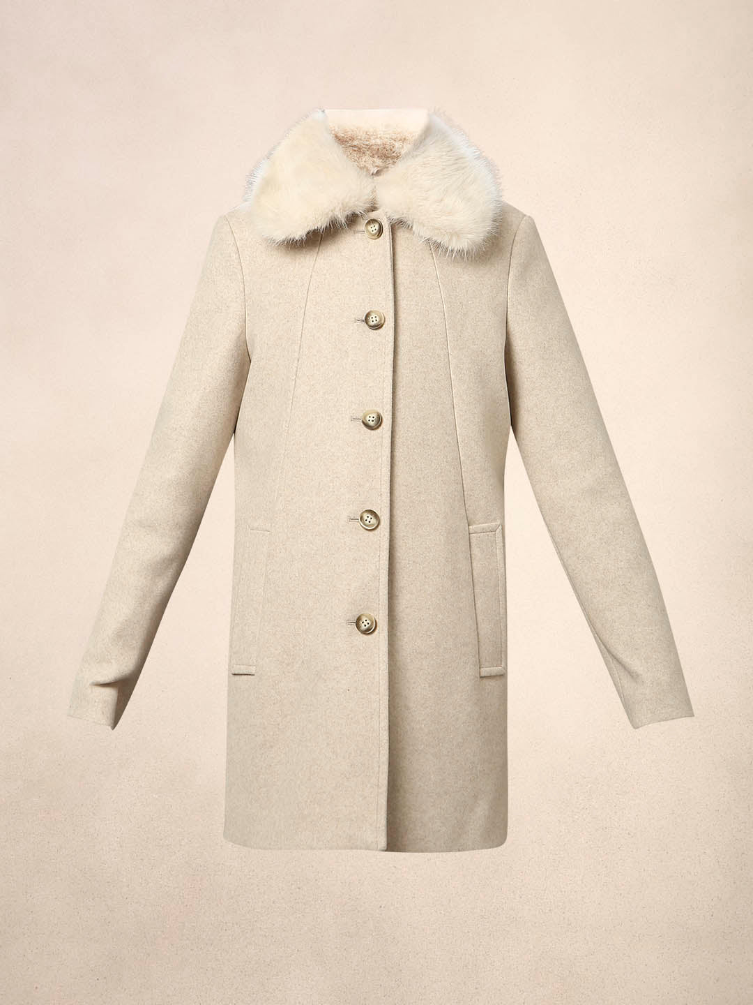 Beige Faux Fur Collar Coat