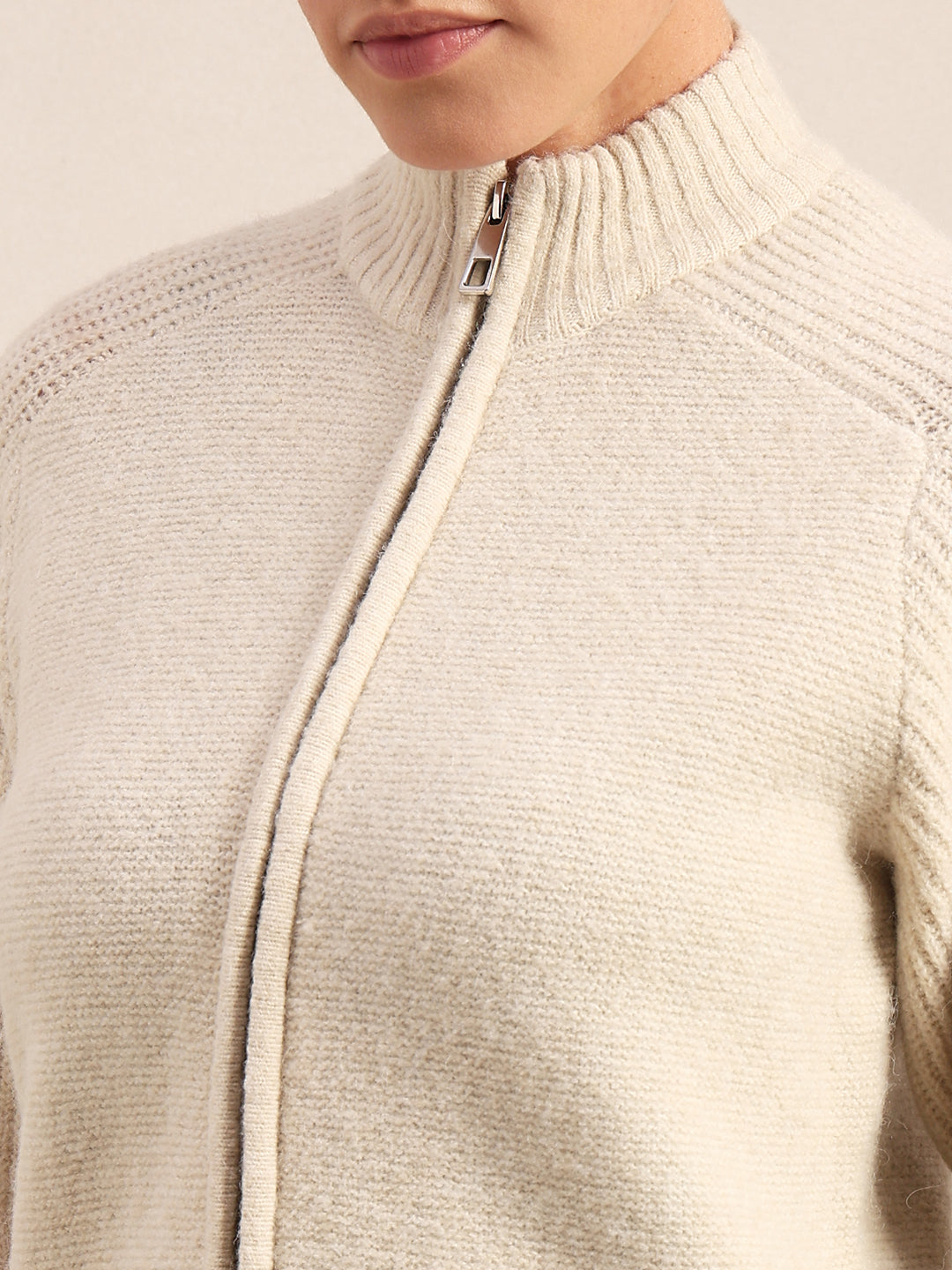 High Neck Zip Cardigan - Beige
