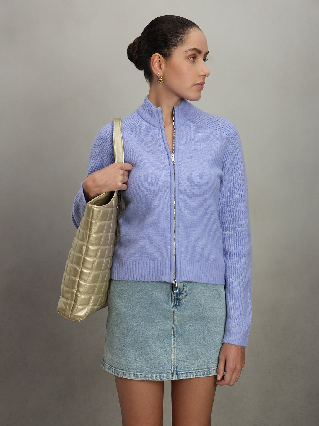 High Neck Zip Cardigan - Purple