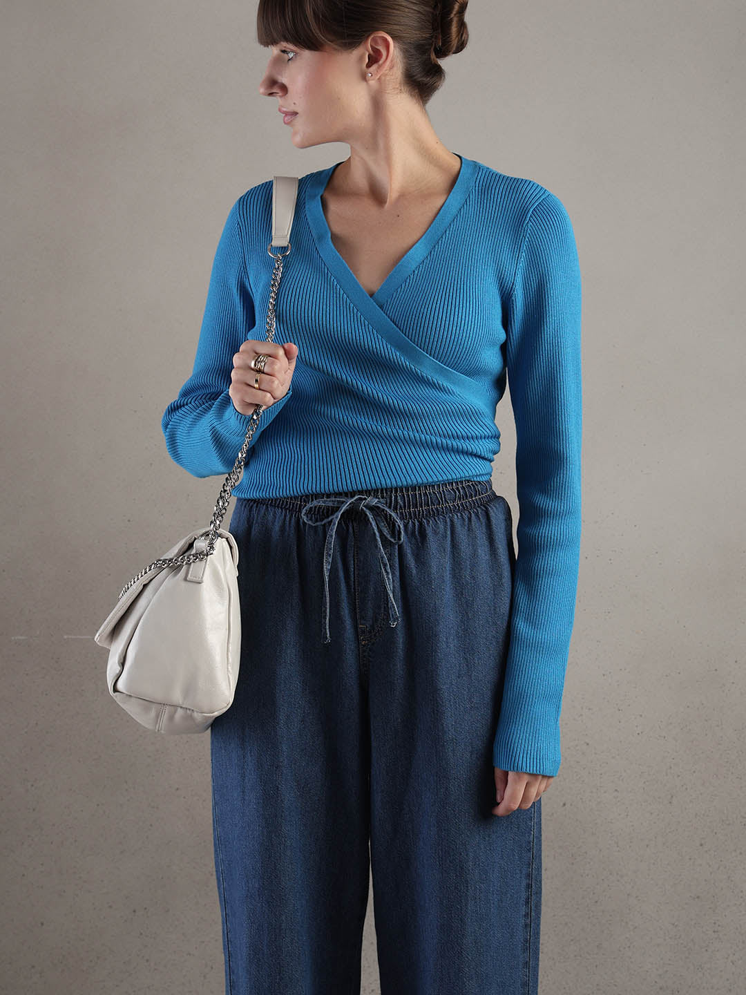 Blue Ribbed Wrap Knit Cardigan