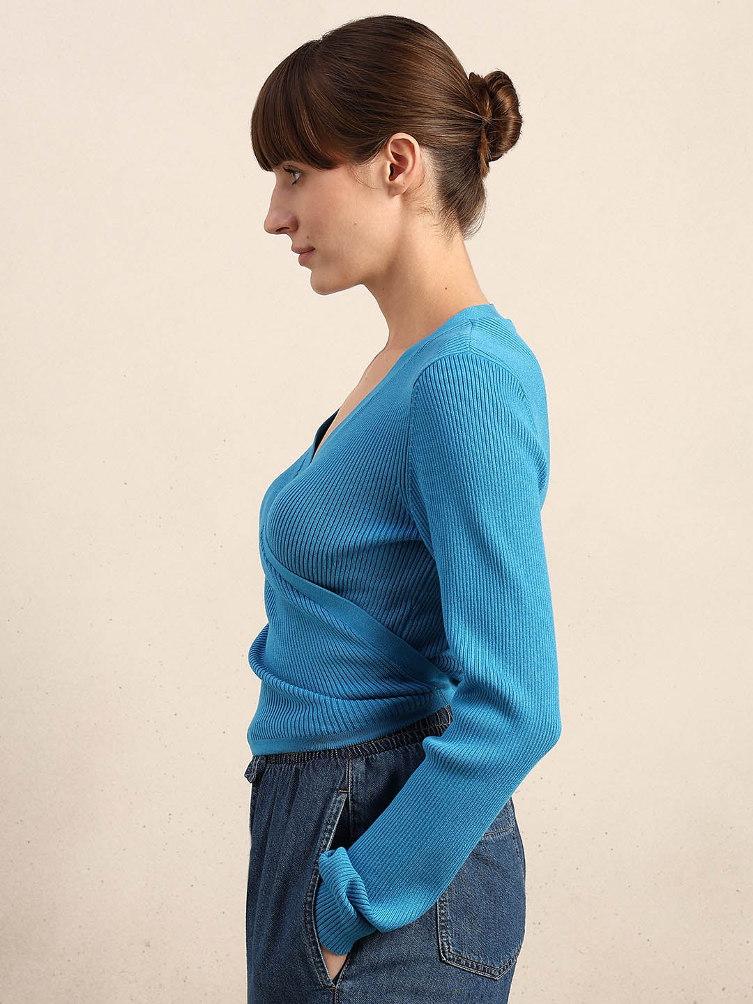 Blue Ribbed Wrap Knit Cardigan