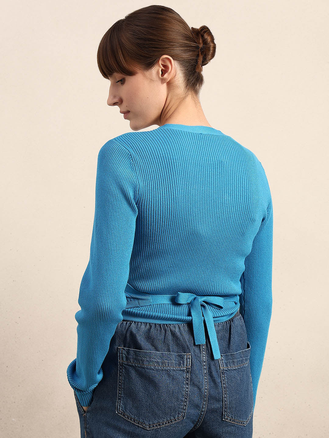 Blue Ribbed Wrap Knit Cardigan