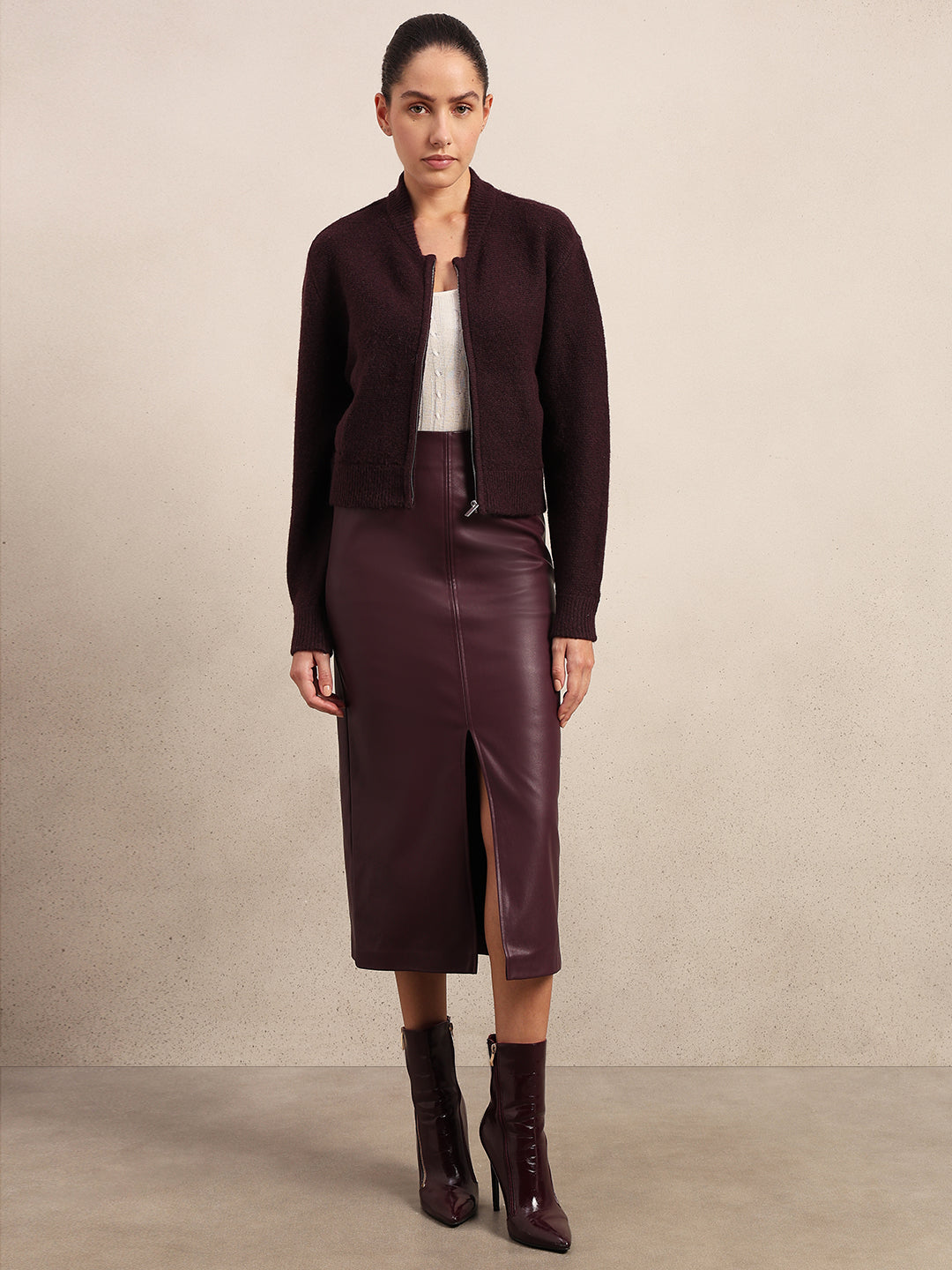 Zip-Up O-Neck Cardigan - Maroon