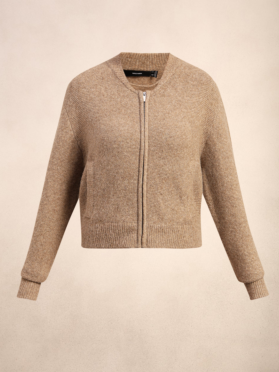 Zip-Up O-Neck Cardigan - Beige