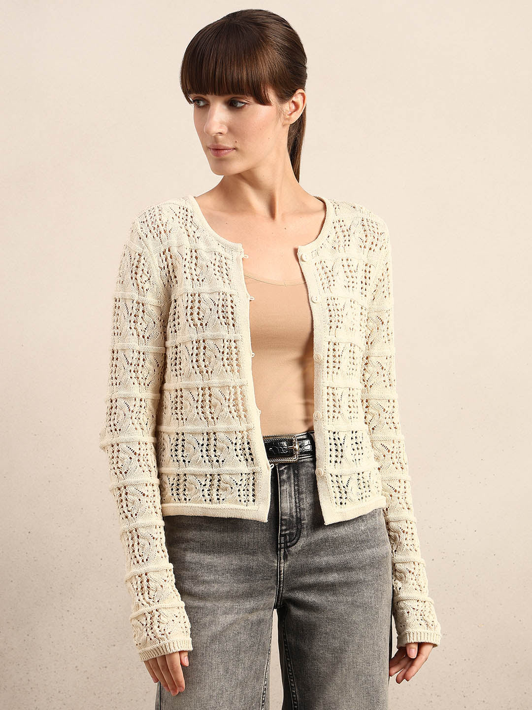 Cream Crochet Knit Cardigan