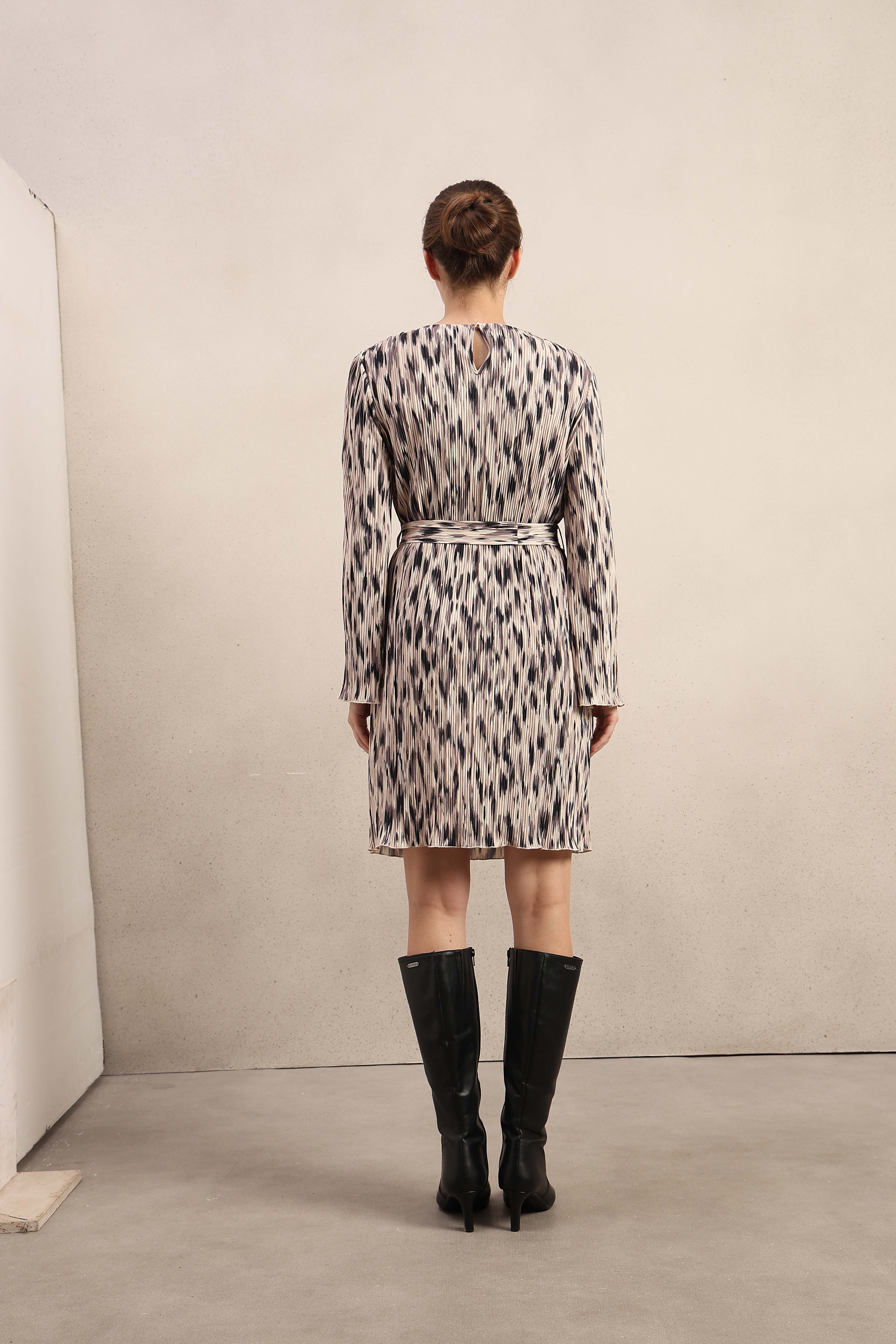 Beige Printed Belted Dress - Main Image