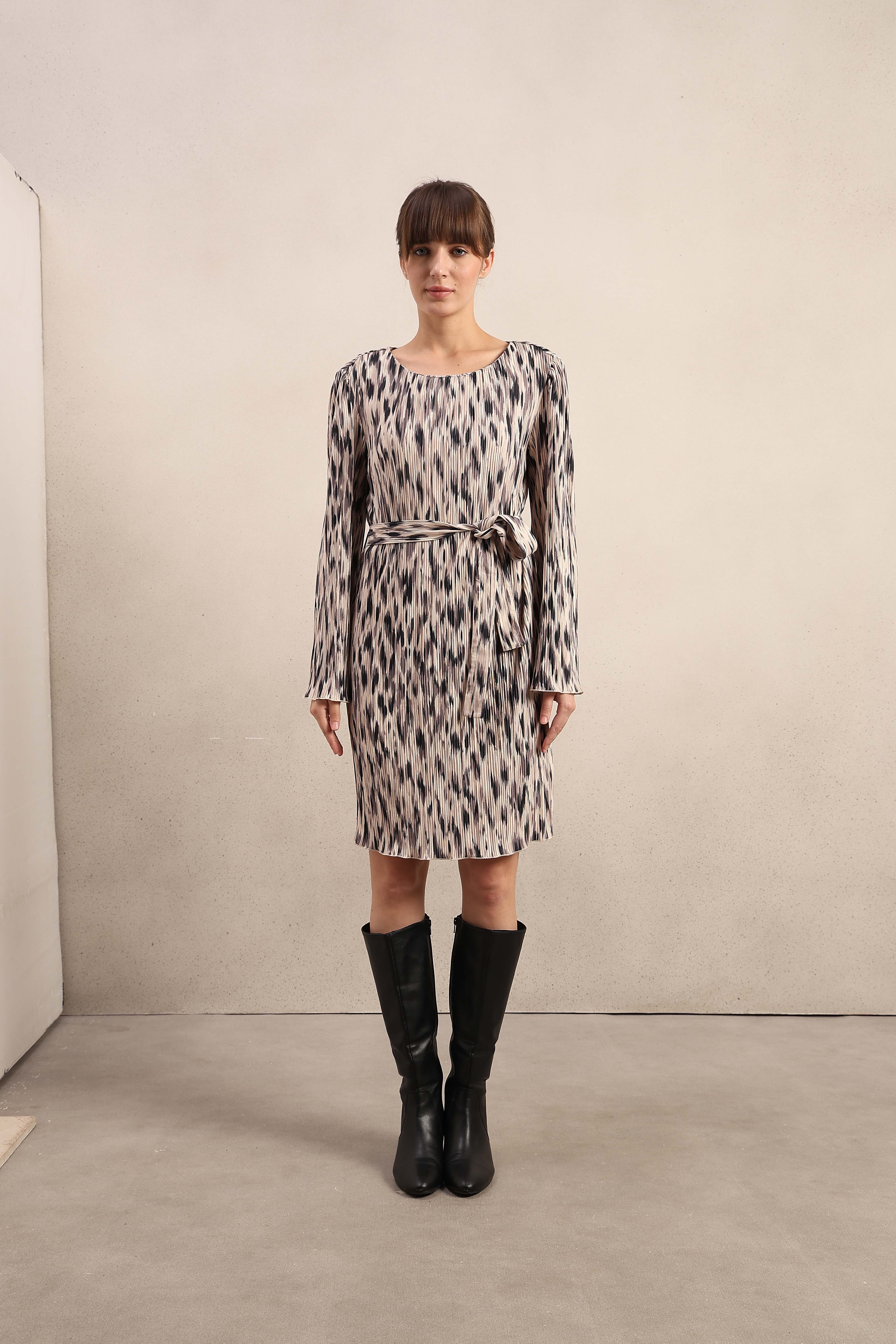 Beige Printed Belted Dress