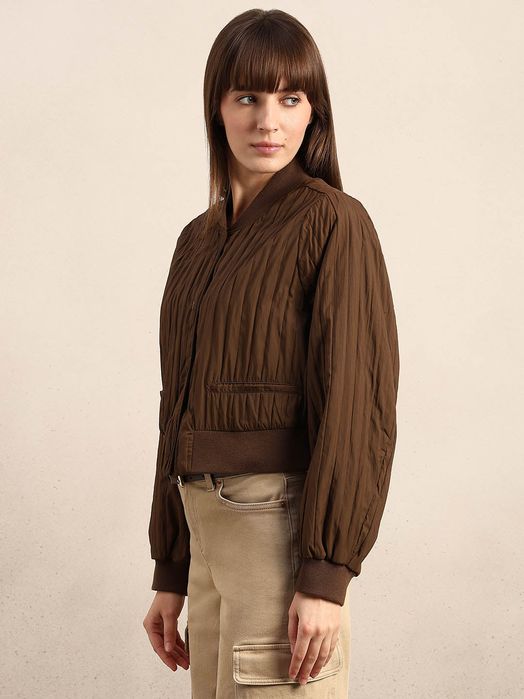 Dark Brown Quilted Bomber JACKET