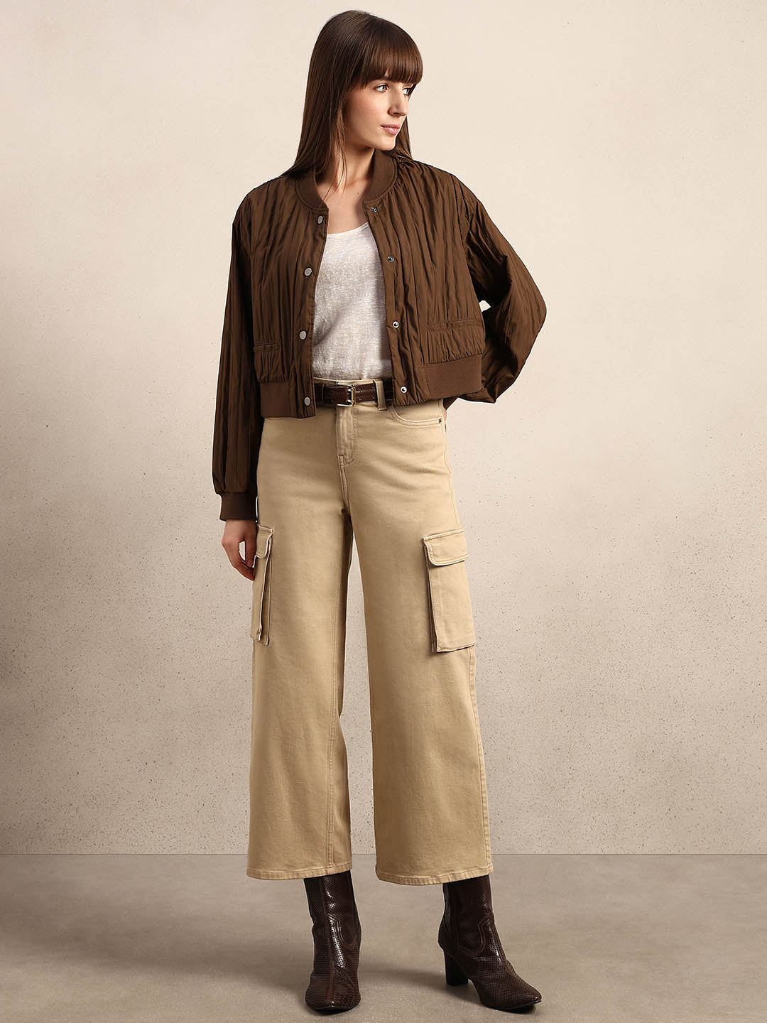 Dark Brown Quilted Bomber JACKET