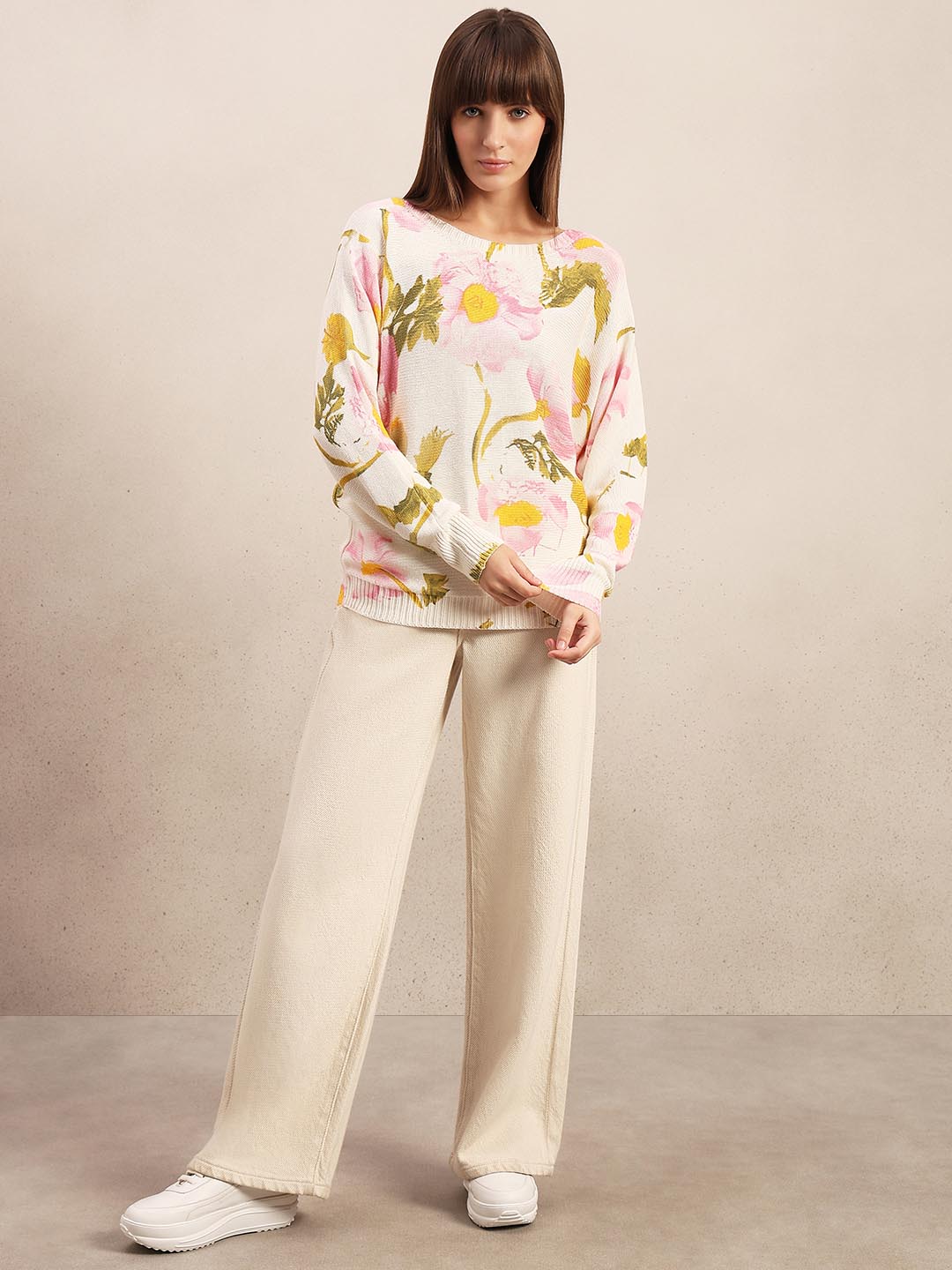 White Floral Print Pullover