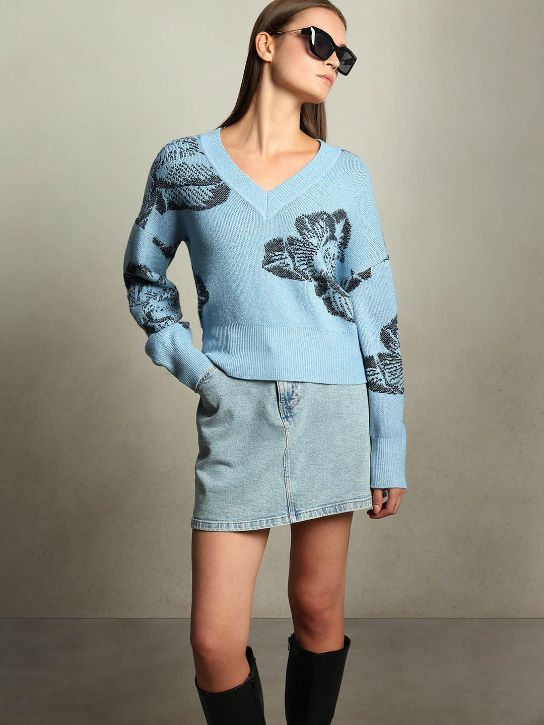 Light Blue Floral V-Neck Sweater