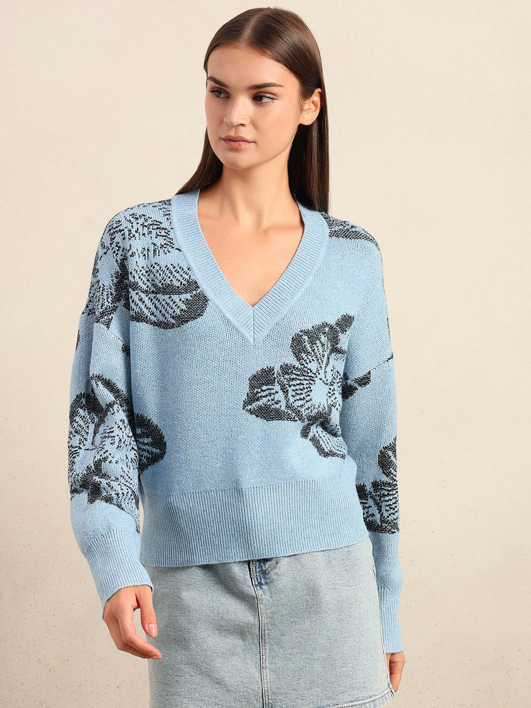 Light Blue Floral V-Neck Sweater