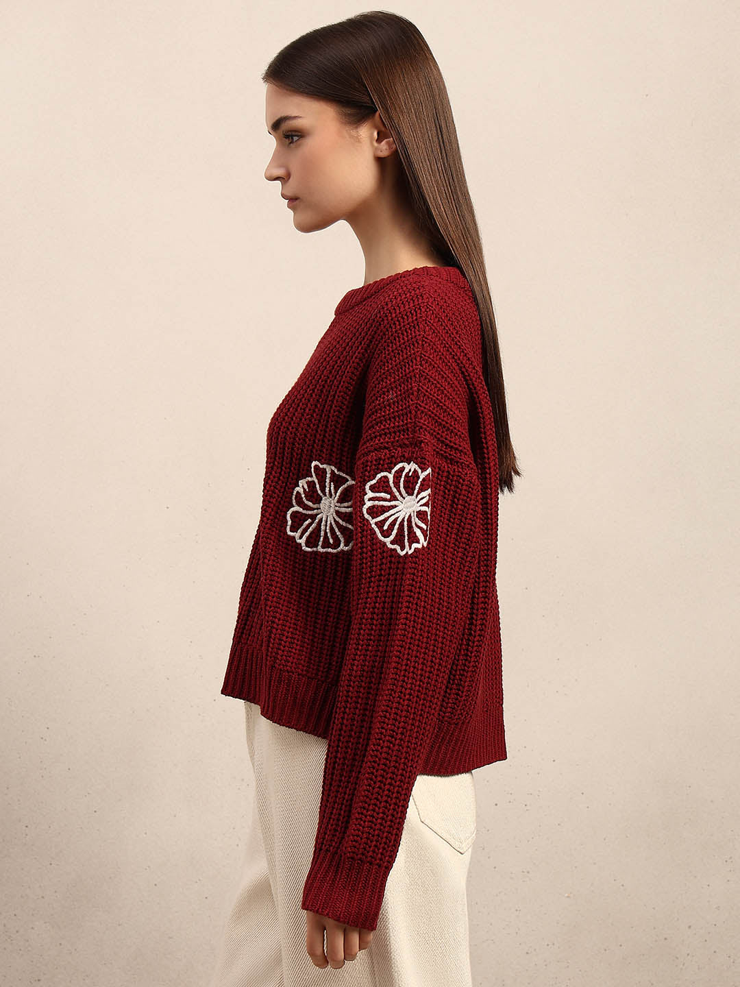 Red Floral Embroidered Pullover