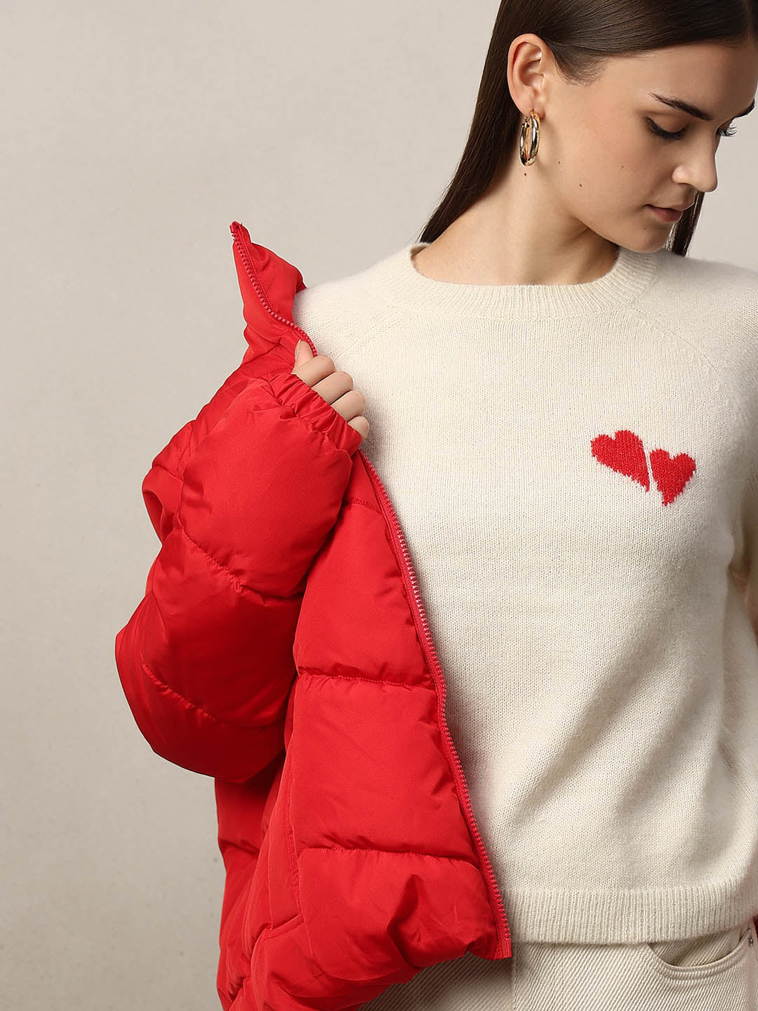 Heart Print O-Neck Pullover - Cream - XS