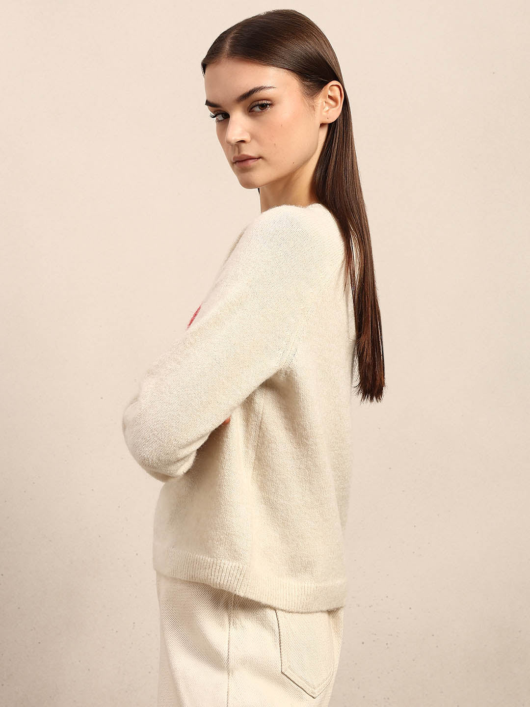 Heart Print O-Neck Pullover - Cream