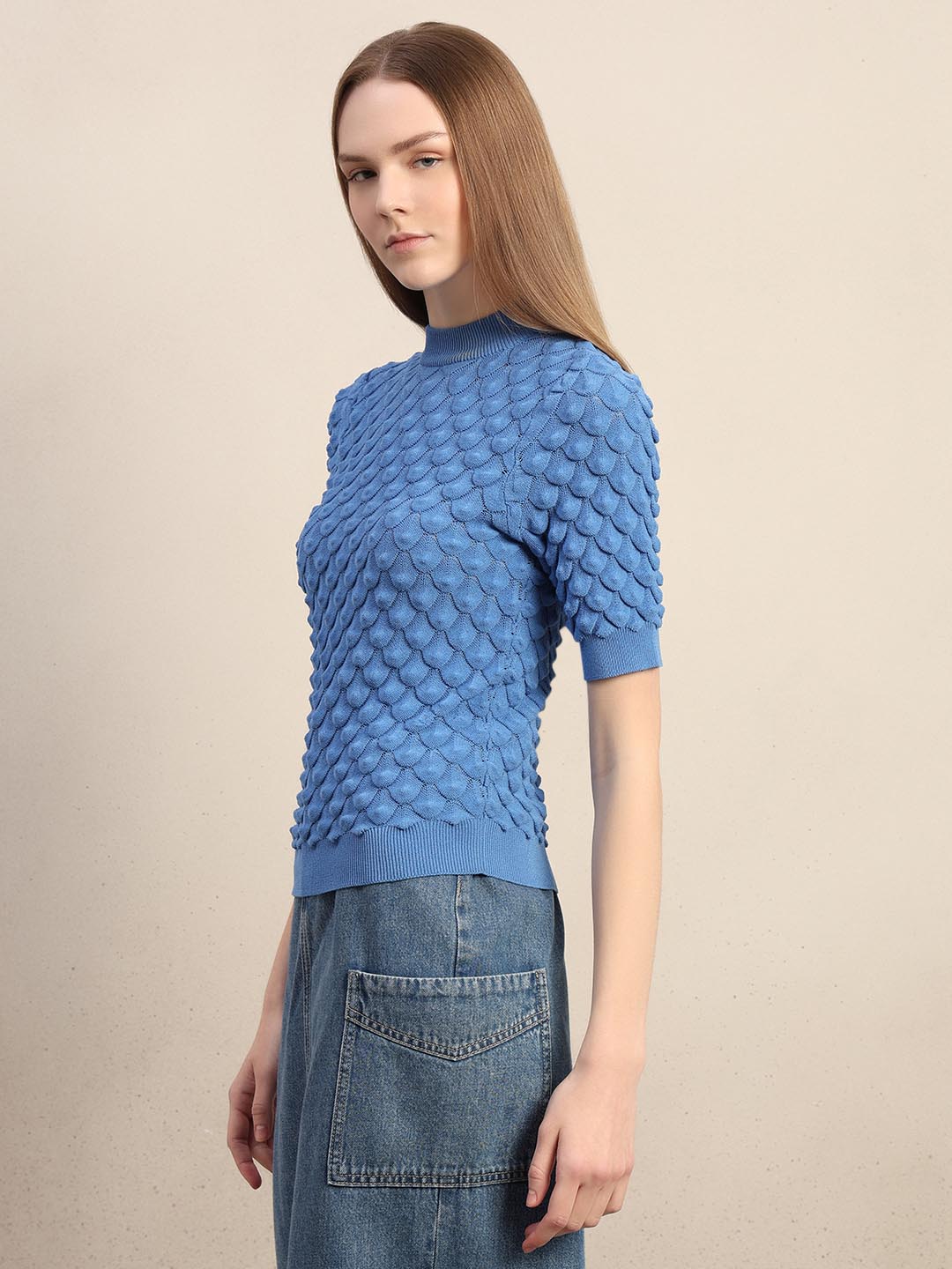 Blue Textured Knitted Top