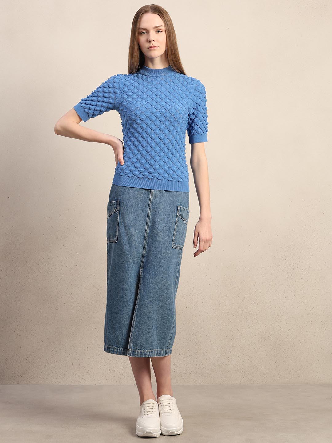 Blue Textured Knitted Top