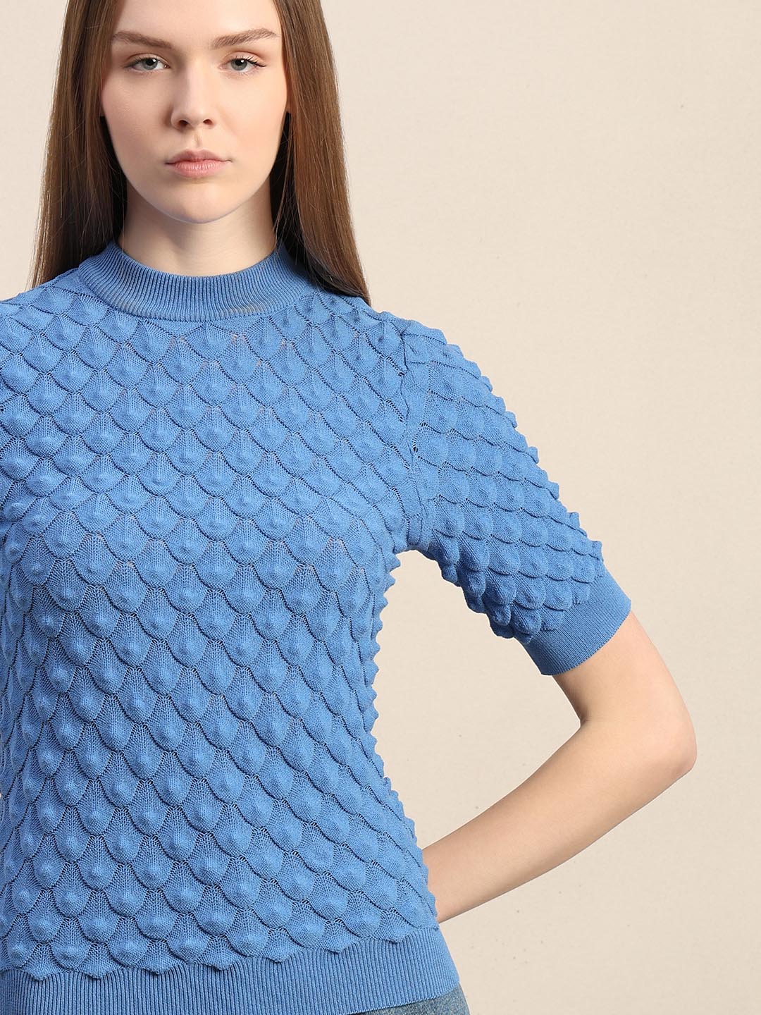 Blue Textured Knitted Top