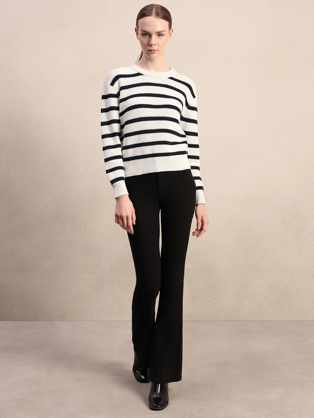 Ecru Striped O-Neck Pullover