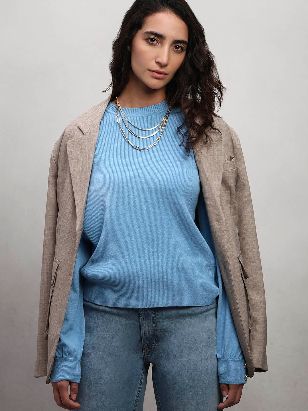 Ribbed Knit O-Neck Pullover - Light Blue