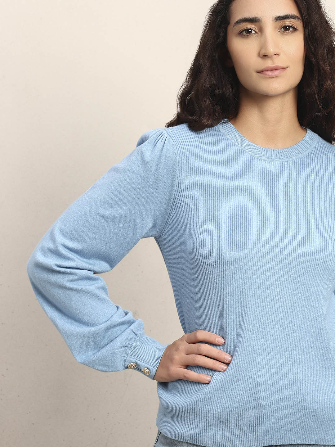 Ribbed Knit O-Neck Pullover - Light Blue