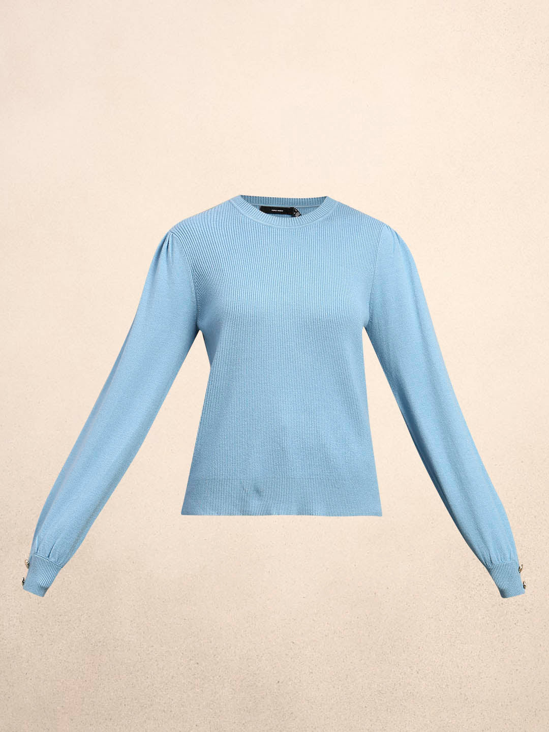 Ribbed Knit O-Neck Pullover - Light Blue