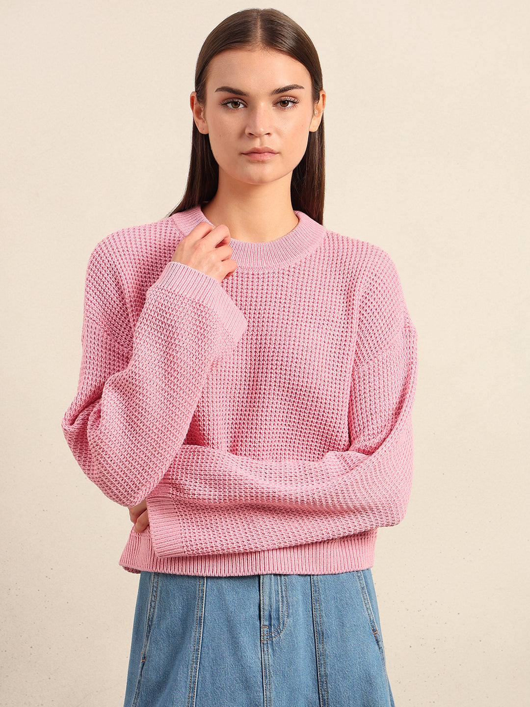O-Neck Waffle Knit Sweater