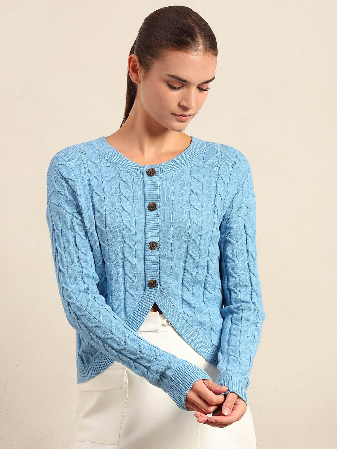 Light Blue Cable-Knit Cardigan