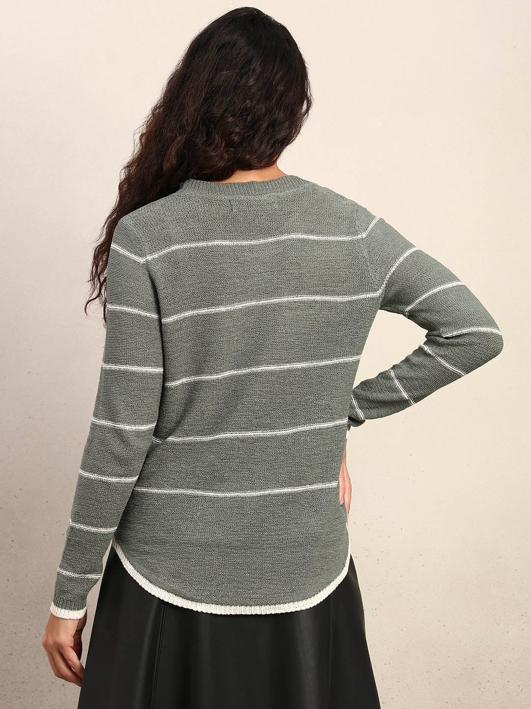 Striped Knitted Pullover - Green