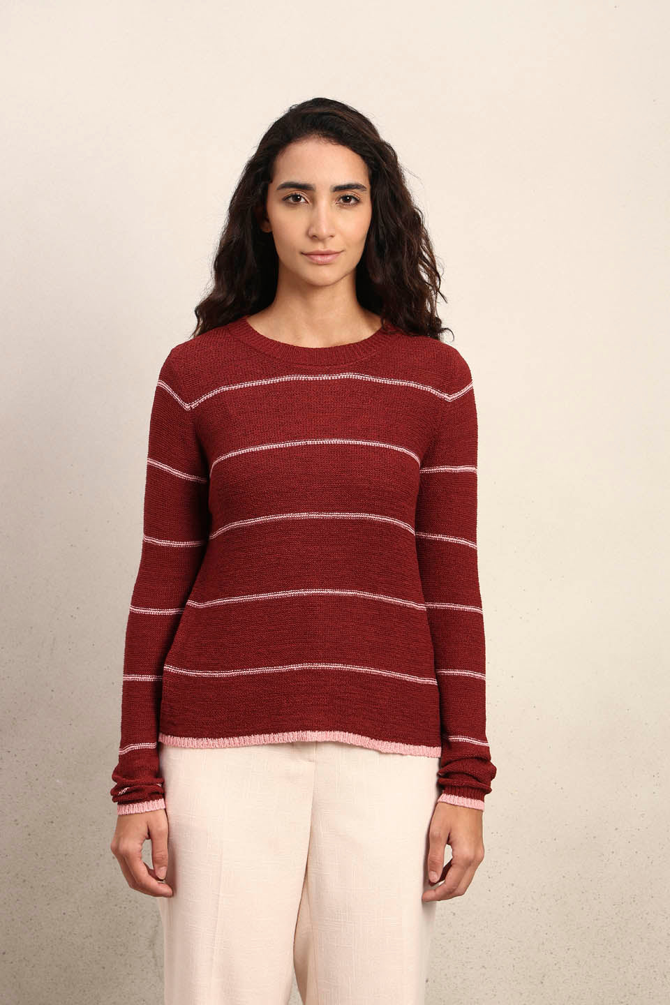 Striped Knitted Pullover - Red