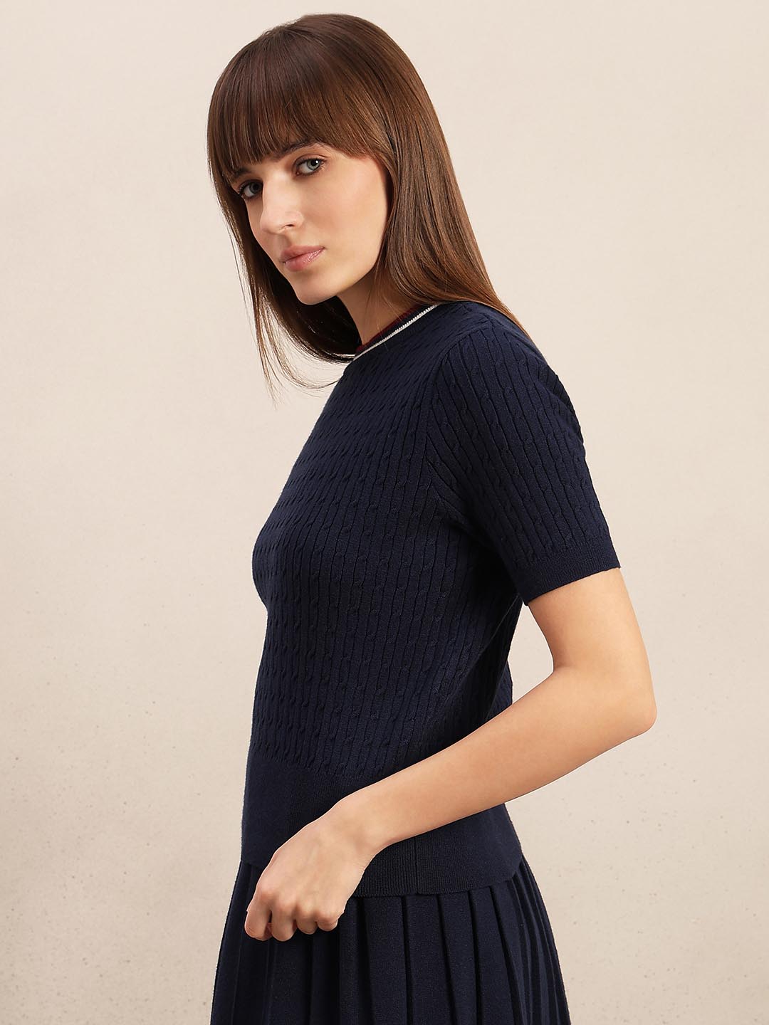 Navy Blue Textured Knitted Top